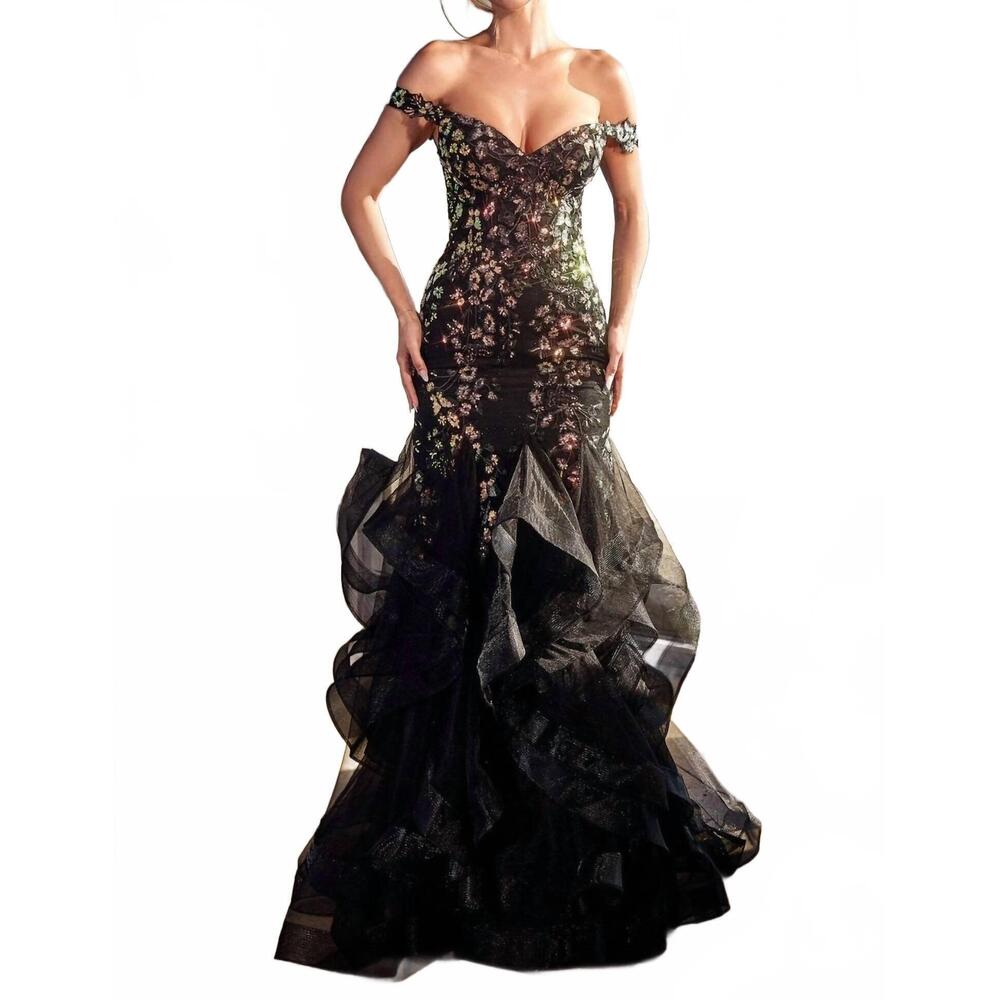NEW LADIVINE off shoulder sequin mermaid gown in black